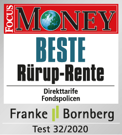 Auszeichnung für "Beste Rürup-Rente" (Fondspolicen) von FOCUS MONEY, Test 32/2020 Auszeichnung für "Beste Rürup-Rente" (Fondspolicen) von FOCUS MONEY, Test 32/2020