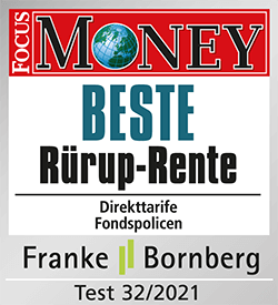 Auszeichnung für "Beste Rürup-Rente" (Fondspolicen) von FOCUS MONEY, Test 32/2021