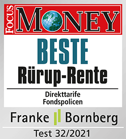 Auszeichnung für "Beste Rürup-Rente" (Fondspolicen) von FOCUS MONEY, Test 32/2021 Auszeichnung für "Beste Rürup-Rente" (Fondspolicen) von FOCUS MONEY, Test 32/2021
