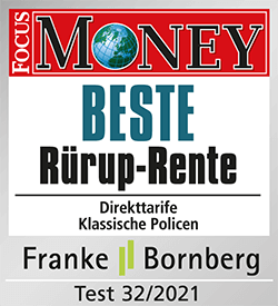 Auszeichnung für "Beste Rürup-Rente" (klassische Policen) von FOCUS MONEY, Test 32/2021 Auszeichnung für "Beste Rürup-Rente" (klassische Policen) von FOCUS MONEY, Test 32/2021