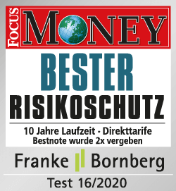 Auszeichnung "Bester Risikoschutz" (10 Jahre Laufzeit) von FOCUS MONEY, Test 16/2020 Auszeichnung "Bester Risikoschutz" (10 Jahre Laufzeit) von FOCUS MONEY, Test 16/2020